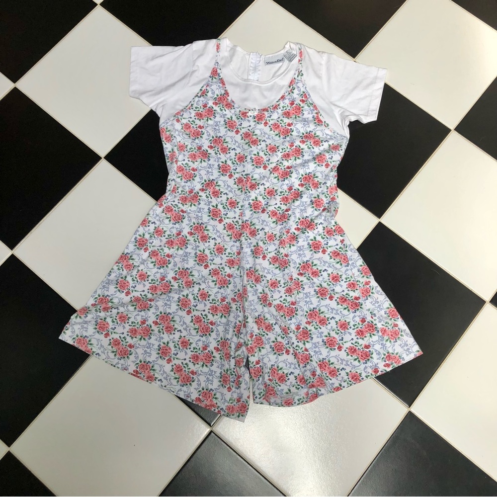 Vintage 80s 90s Willow Bay Floral Short Sleeve Romper Layered Look Overalls sz L